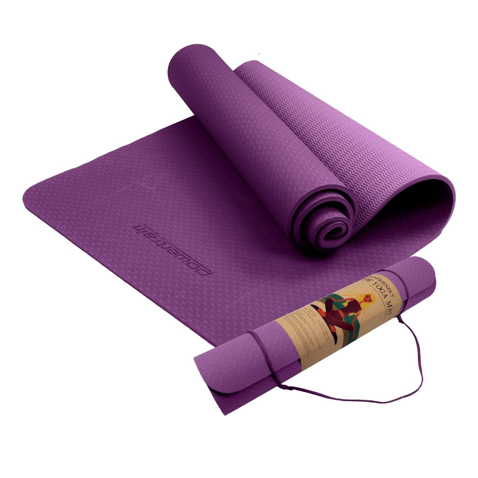 Powertrain eco-friendly dual layer purple yoga mat with non-slip surface and carry strap, 6mm thick cushioning.