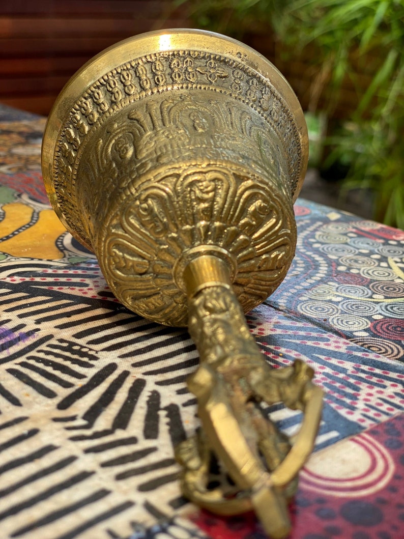 6 inch brass Tibetan Buddhist prayer bell with intricate hand-engraved carvings for meditation and sound therapy