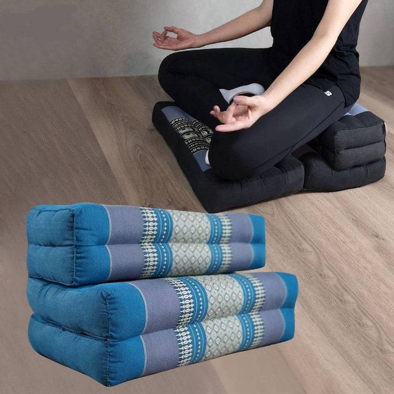 Blue medium-sized 3-fold Zafu meditation cushion set made from organic kapok cotton, foldable with stripe handle for easy carrying.