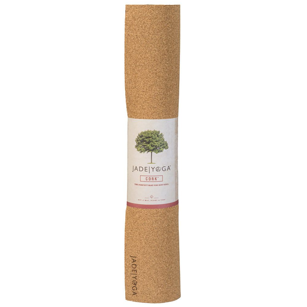 Rolled Jade Yoga Cork Yoga Mat made from sustainable cork and natural rubber with eco-friendly packaging