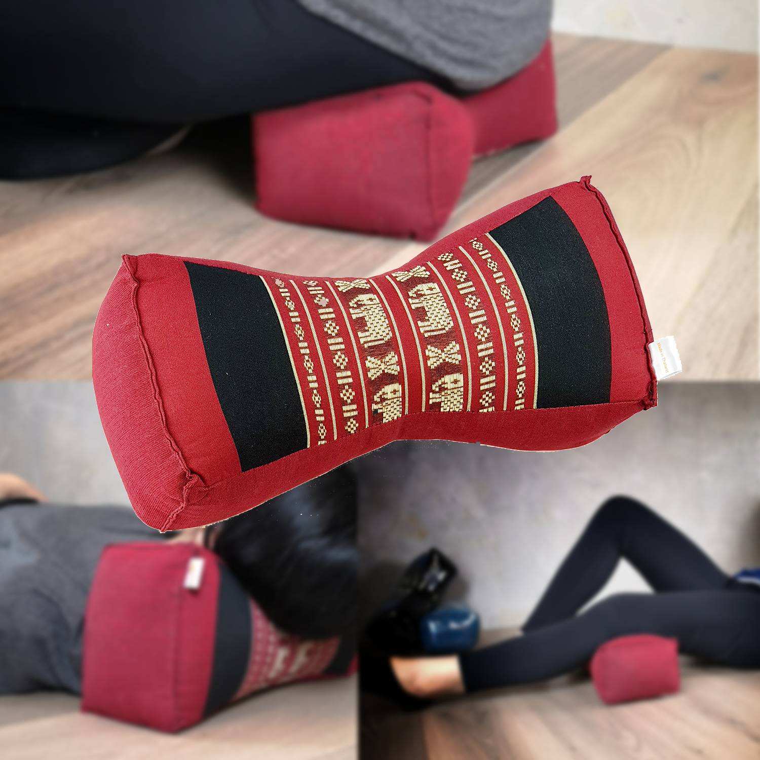 Red bone shape neck pillow with traditional Thai pattern filled with natural kapok fiber for meditation and neck support