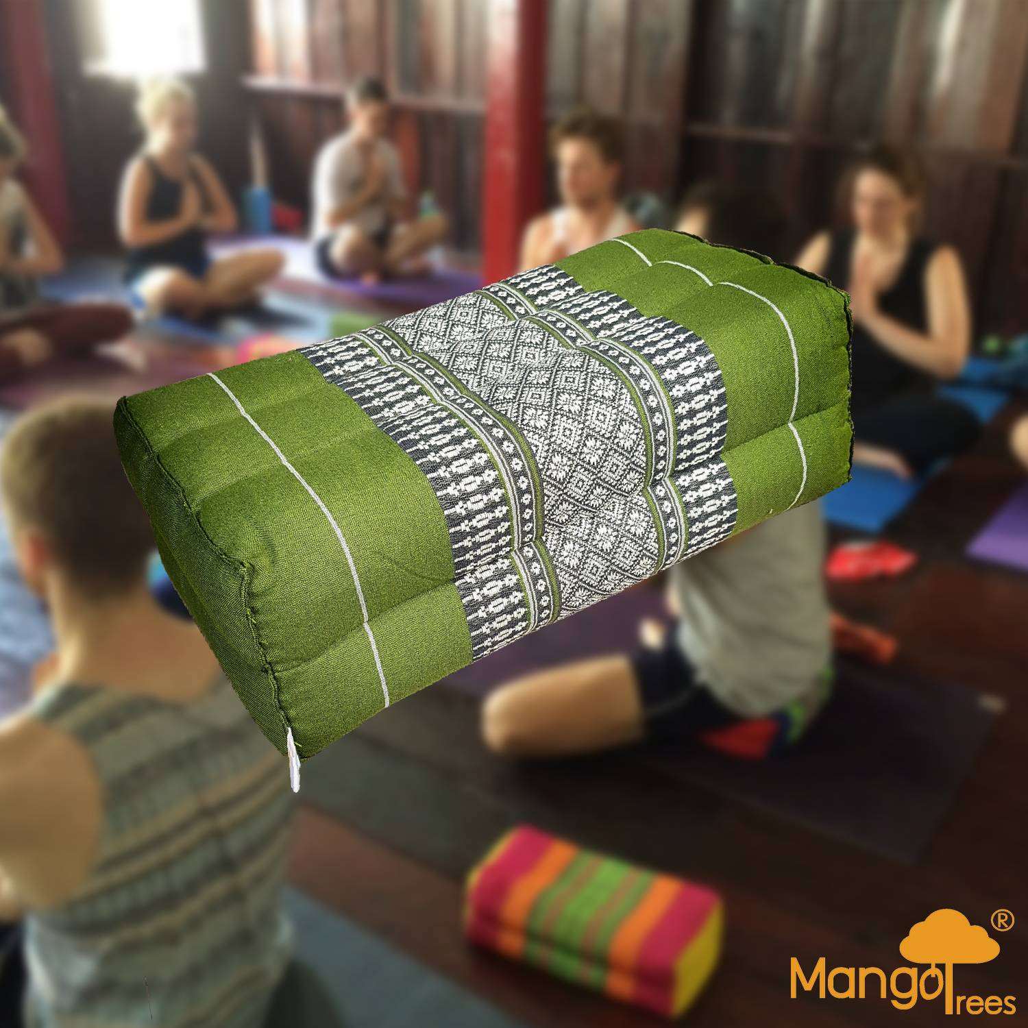 Green handmade cotton yoga block meditation cushion with organic kapok fiber filling and traditional Thai pattern