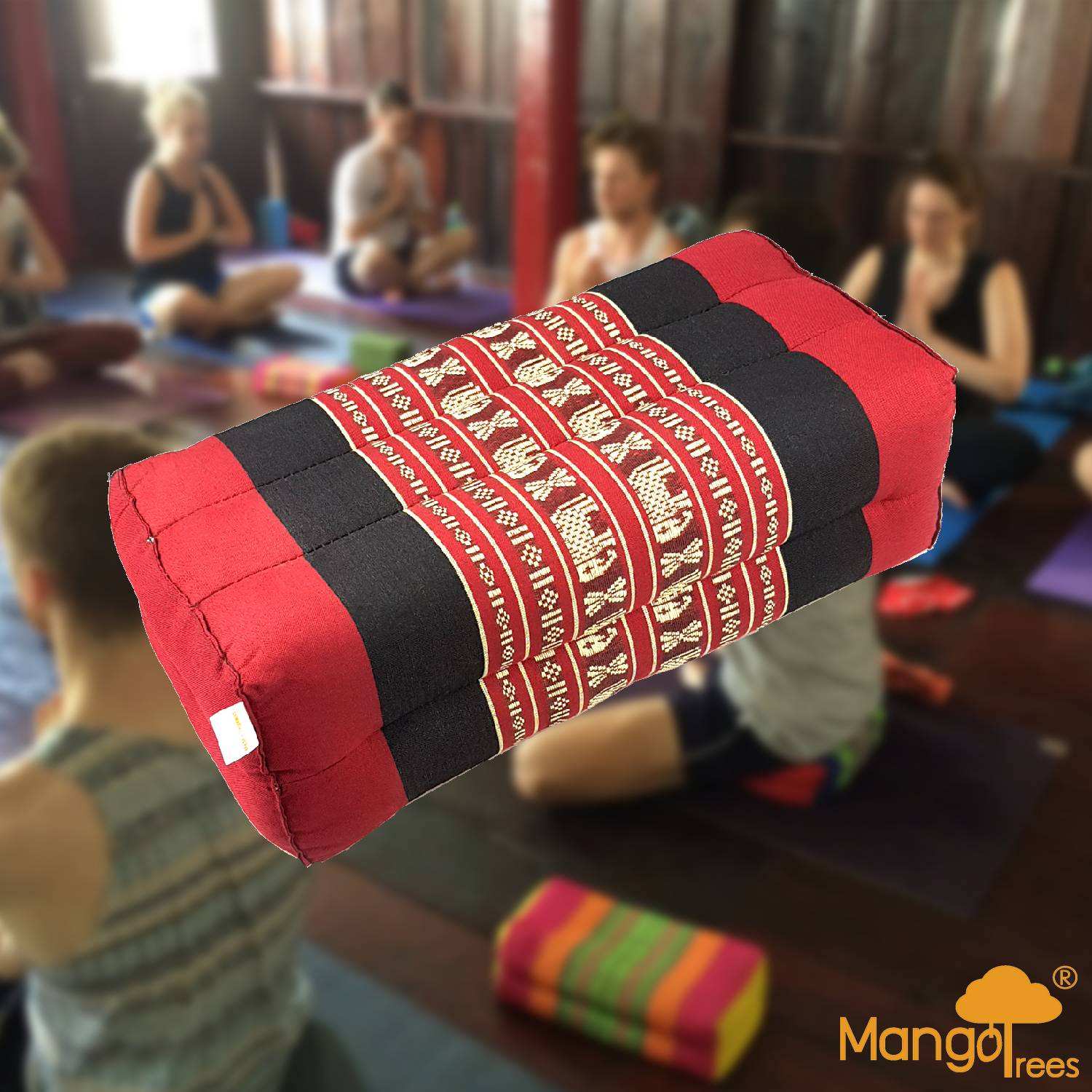 Red and black handmade yoga block meditation cushion with traditional Thai pattern, organic kapok filled for support and comfort