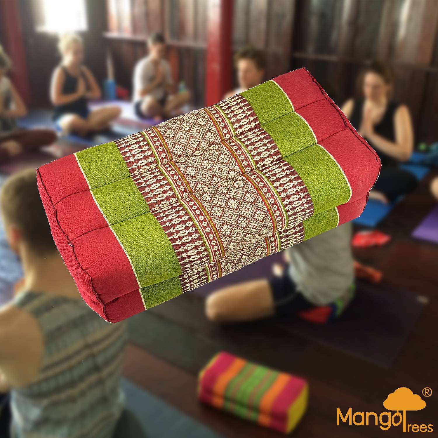 Red and green handmade Thai yoga block cushion filled with organic kapok fiber