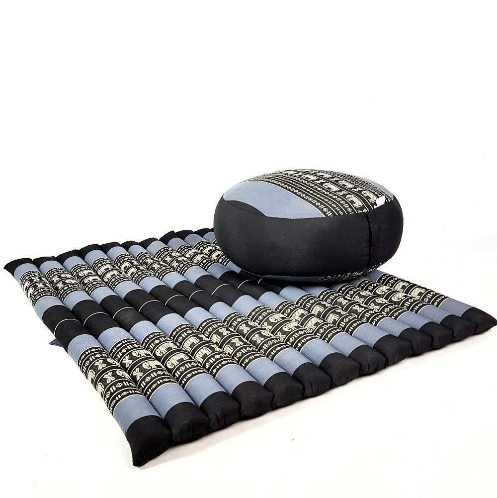 Blue and black Zafu & Zabuton meditation cushion set with traditional Thai elephant design