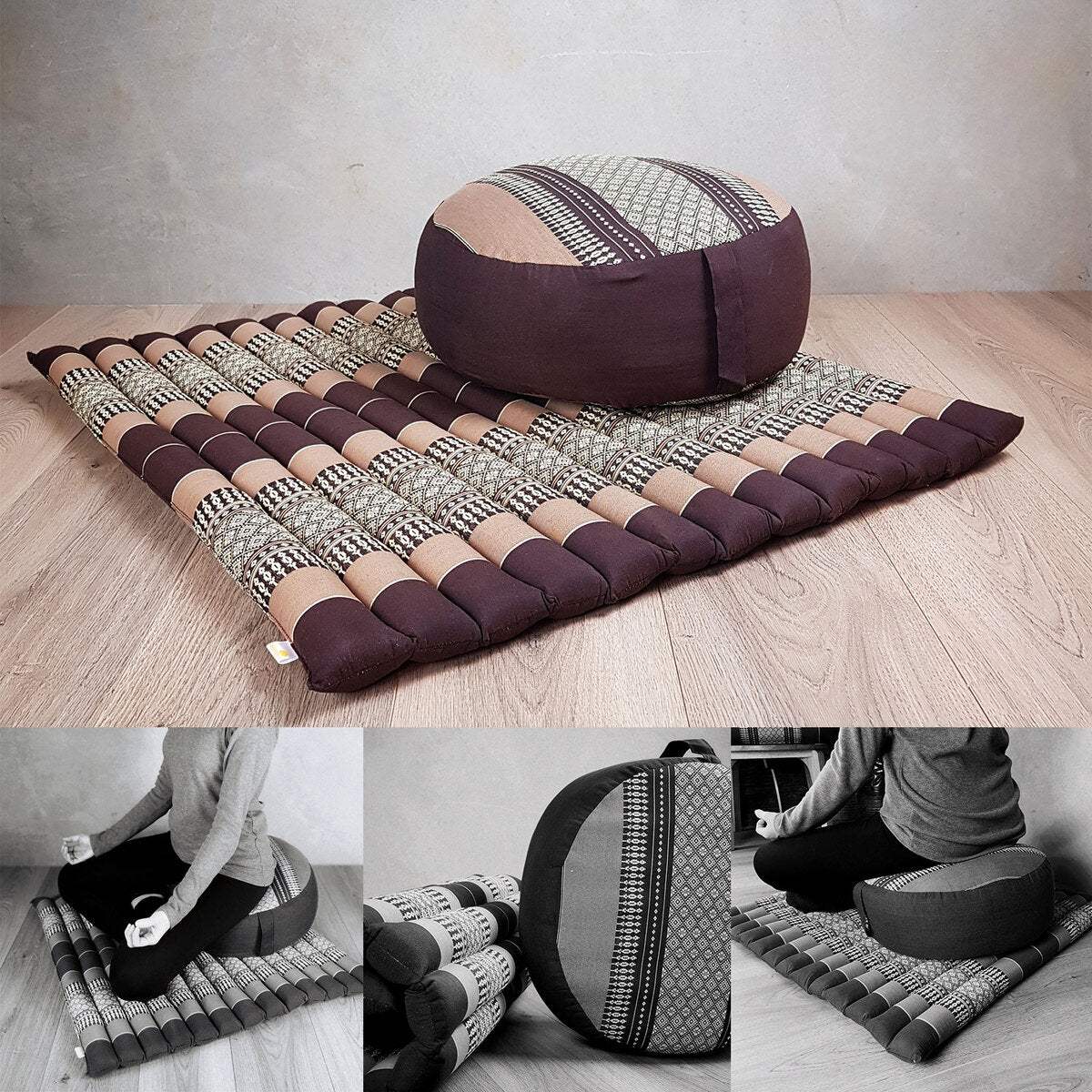 Brown Zafu round meditation cushion with patterned Zabuton mat set for comfortable posture support