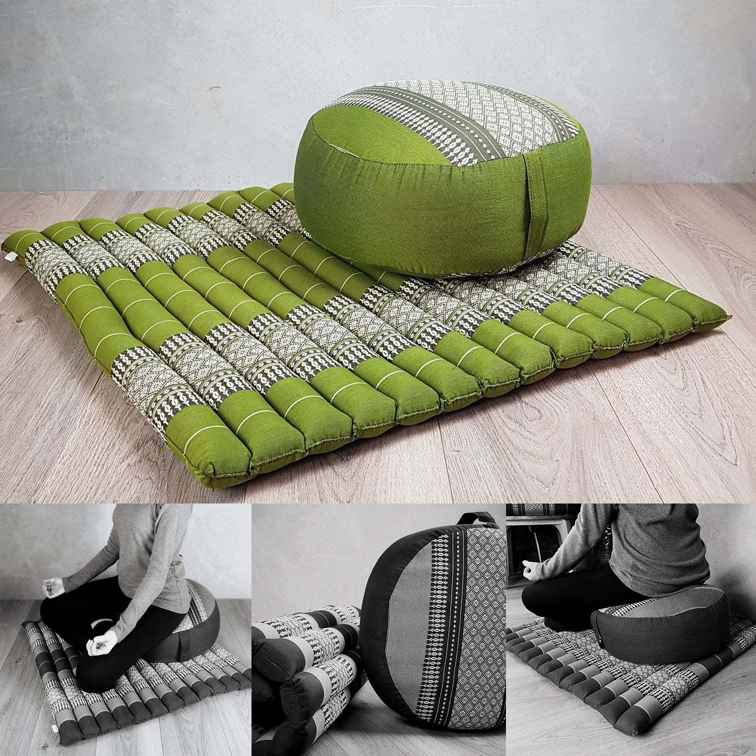 Green Thai Zafu round meditation cushion and matching Zabuton foldable mattress set for posture support during meditation