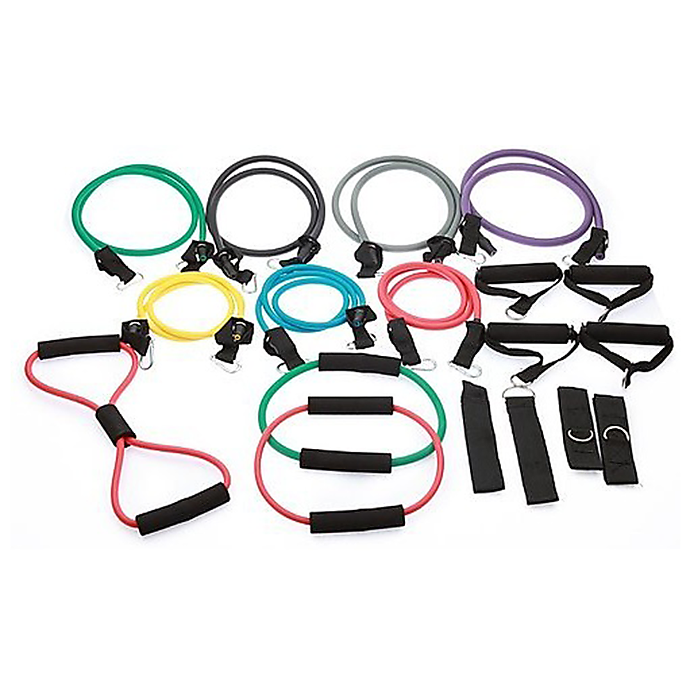 19-piece resistance exercise bands set with multiple color-coded latex bands, foam handles, ankle straps, and door anchor for full-body fitness workouts.