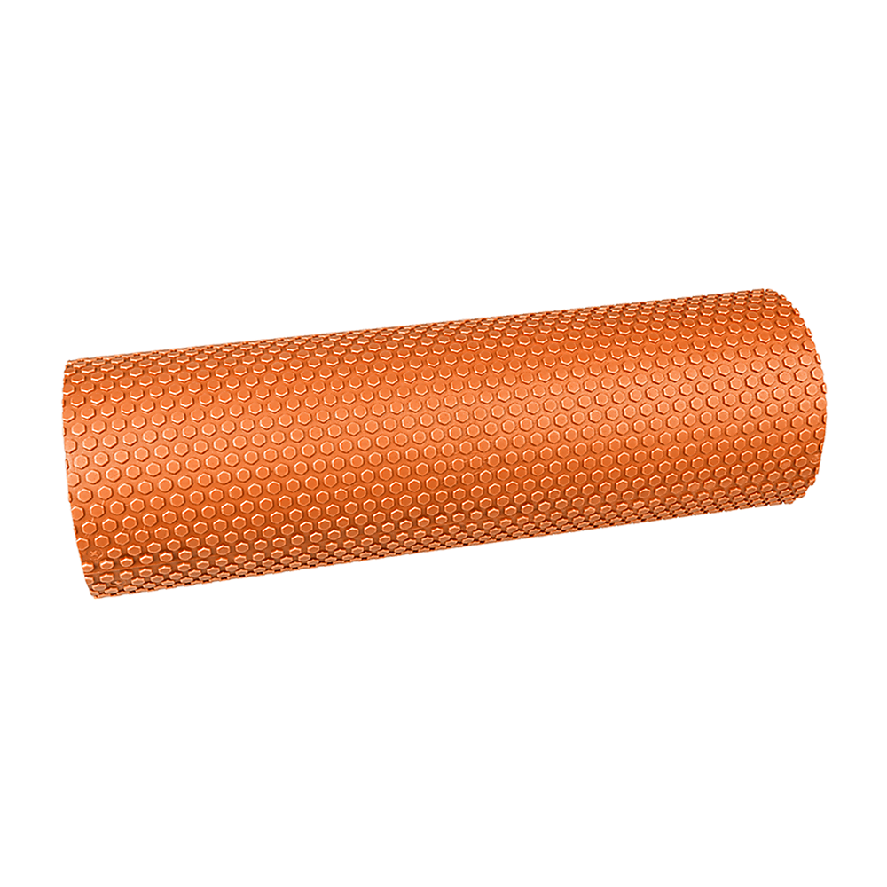 Orange 45 x 15cm physio yoga Pilates foam roller with textured high-density EVA foam for muscle massage and workout.