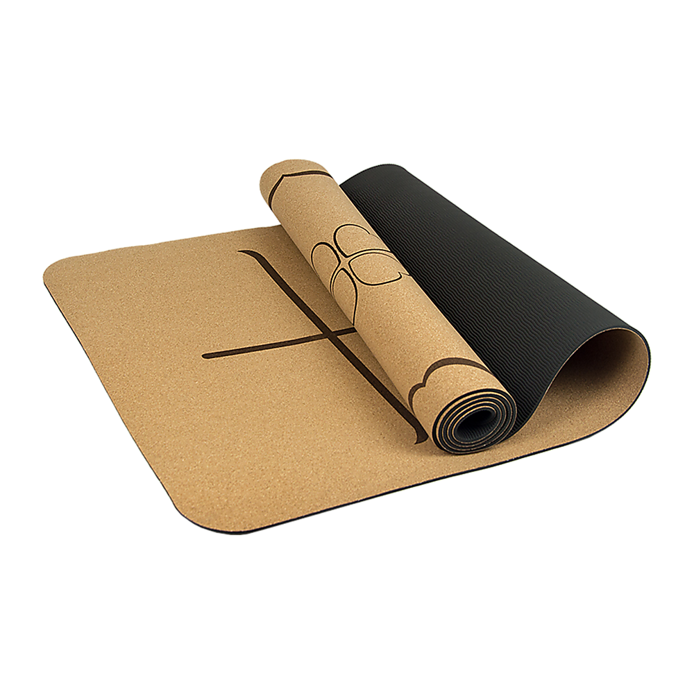 Eco-friendly natural cork and TPE yoga mat with non-toxic markings and high-density rubber base for stable, comfortable workouts
