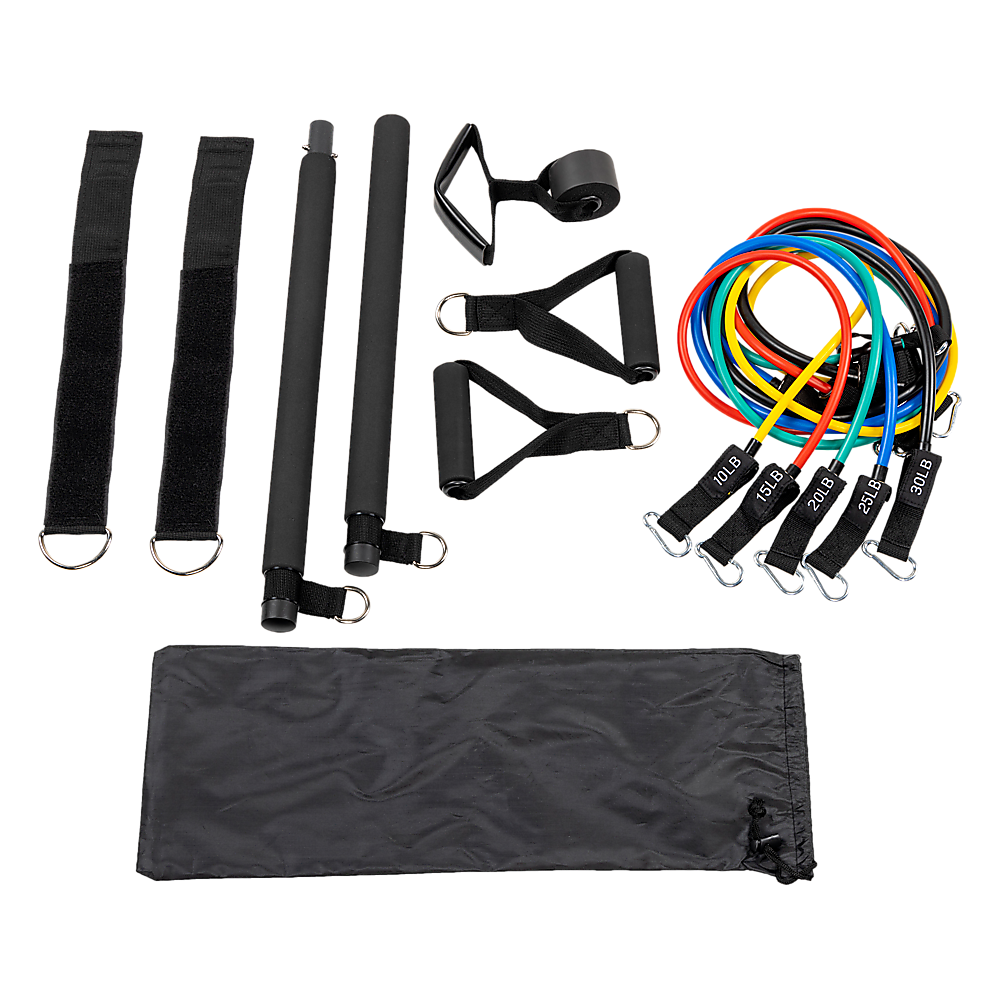 Exercise Pilates bar kit with five colorful resistance bands, foam handles, ankle straps, and carrying pouch for fitness workouts.