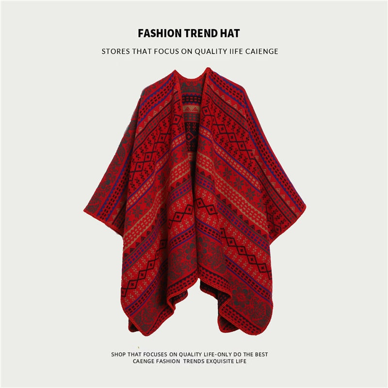 Red ethnic boho yoga wrap shawl with intricate floral pattern and split cape design for women