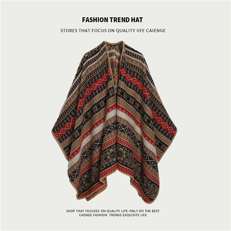 Brown ethnic boho shawl with intricate floral and geometric patterns, versatile split cape design for women, perfect for fall travel and layering.