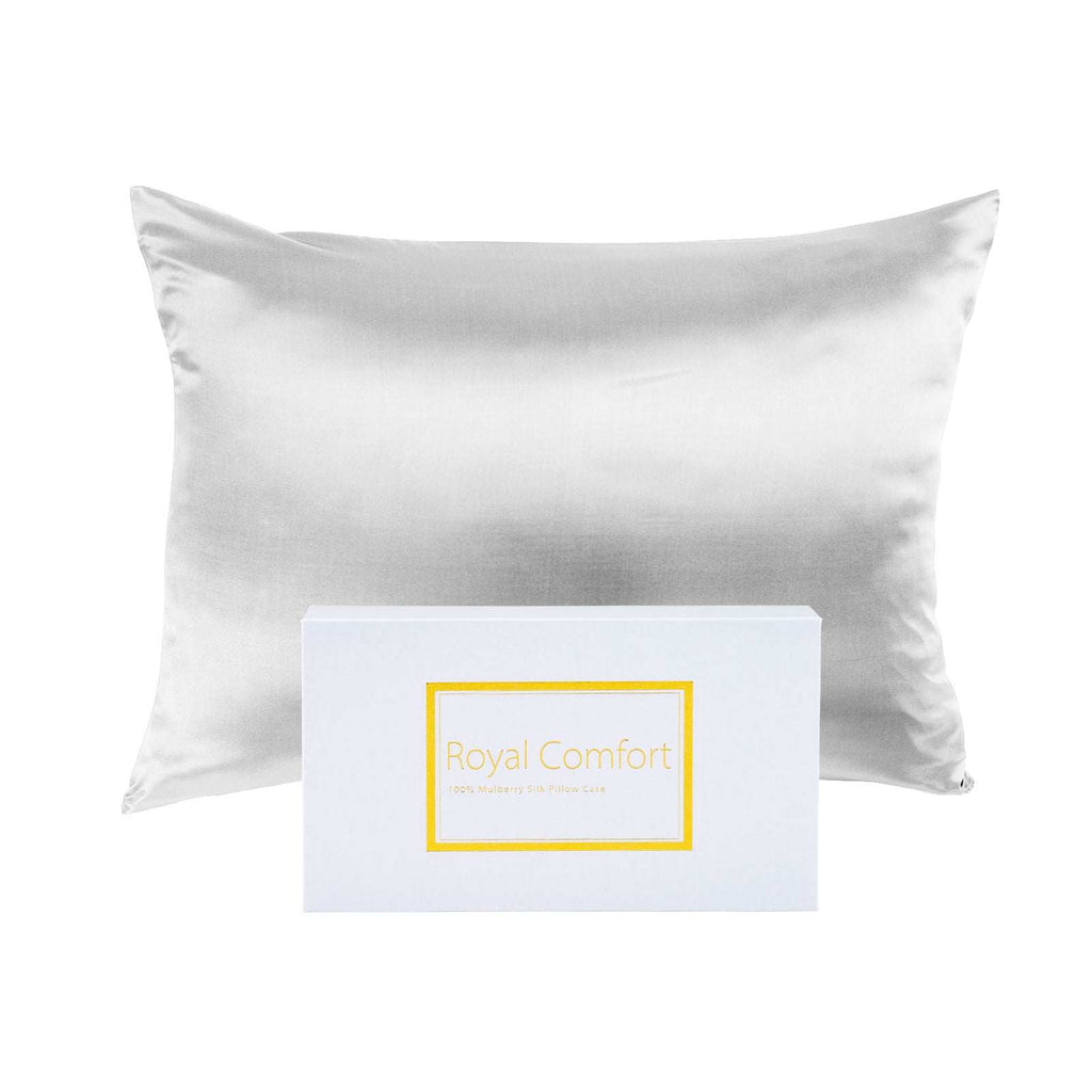 Silver Royal Comfort Pure Silk Pillow Case made from 100% Mulberry Silk with gift box