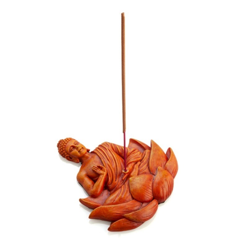 Orange Buddha incense burner with glossy finish, shaped like Buddha sitting on a lotus flower holding an incense stick.