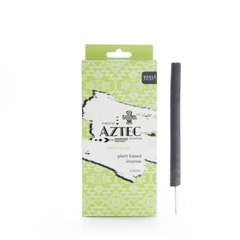Soul Sticks Sweetgrass Aztec plant-based incense sticks with natural herbaceous scent and 90-minute burn time, packaged in a green box.
