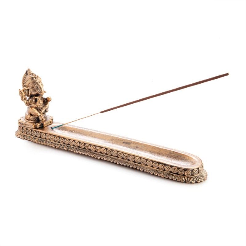 Gold Ganesha incense burner with copper finish, spiral and loop trim, holding incense sticks