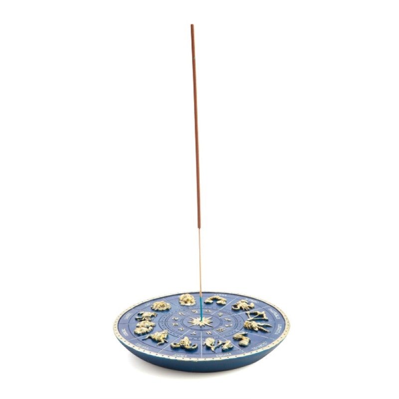 Deep blue zodiac incense burner with metallic gold 3D zodiac symbols and incense stick holder