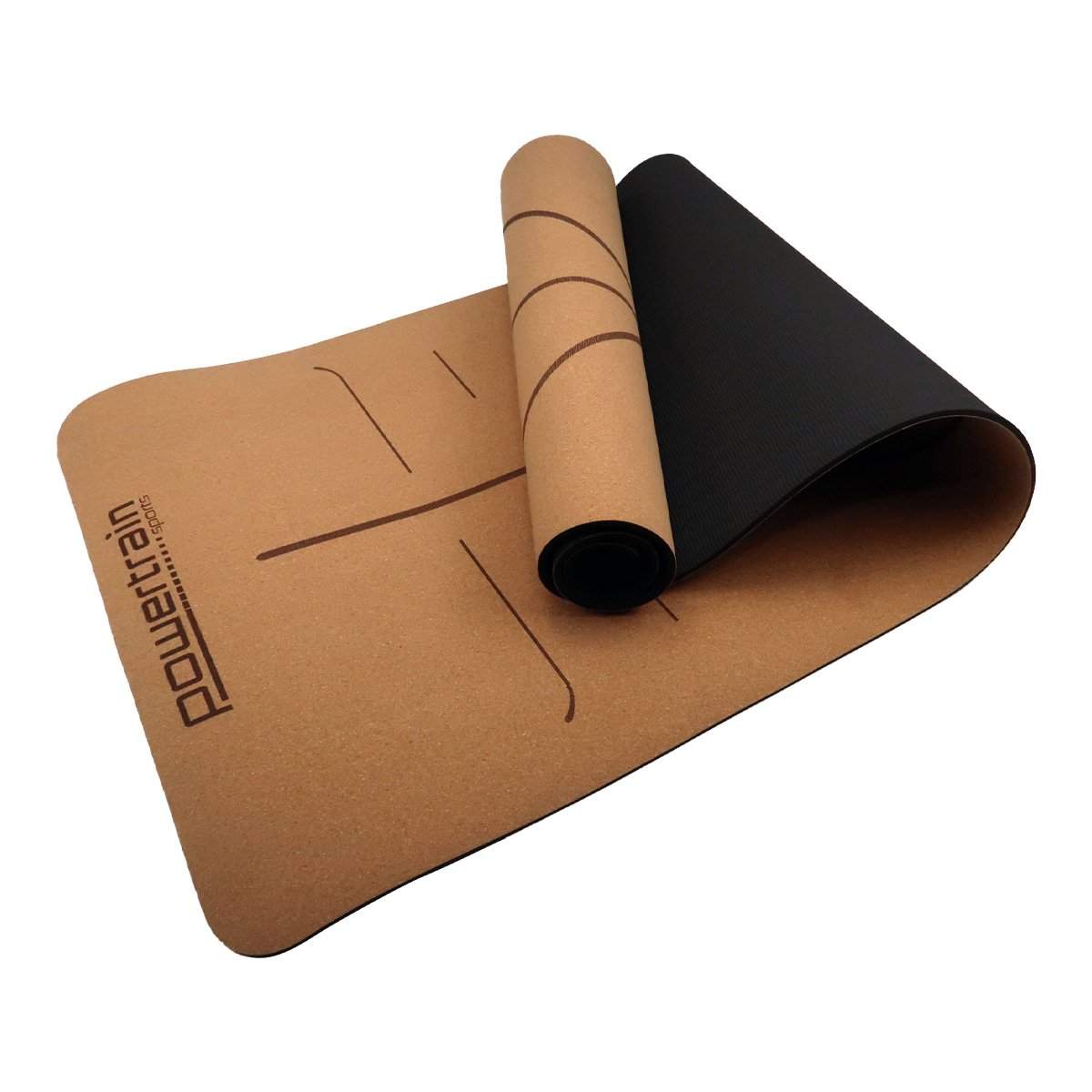 Powertrain Cork Yoga Mat double-layer non-slip natural cork with black underside and carry straps for home gym and Pilates