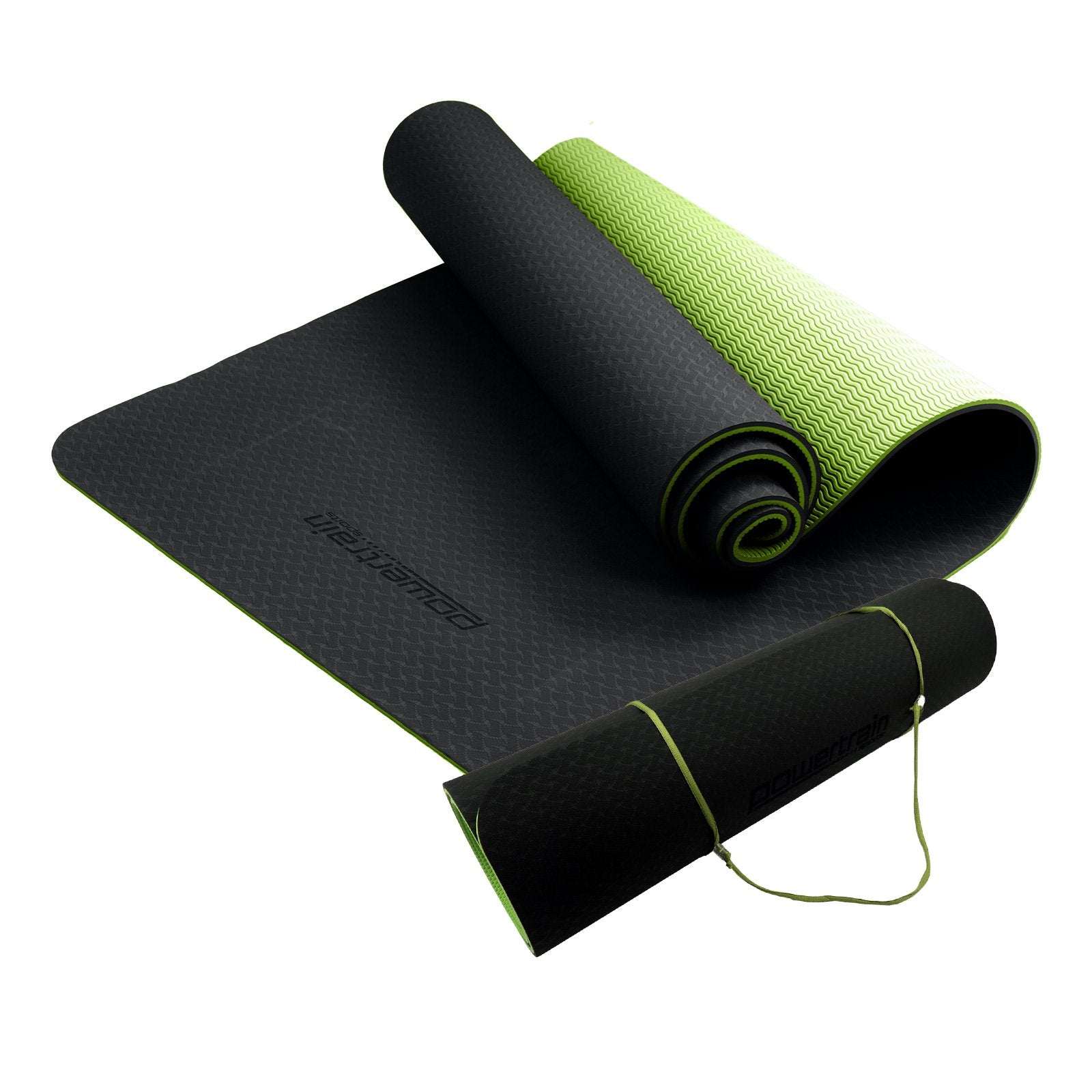 Powertrain TPE Yoga Exercise Mat in black and green with 8mm thickness and non-slip surface for home gym and Pilates workouts.
