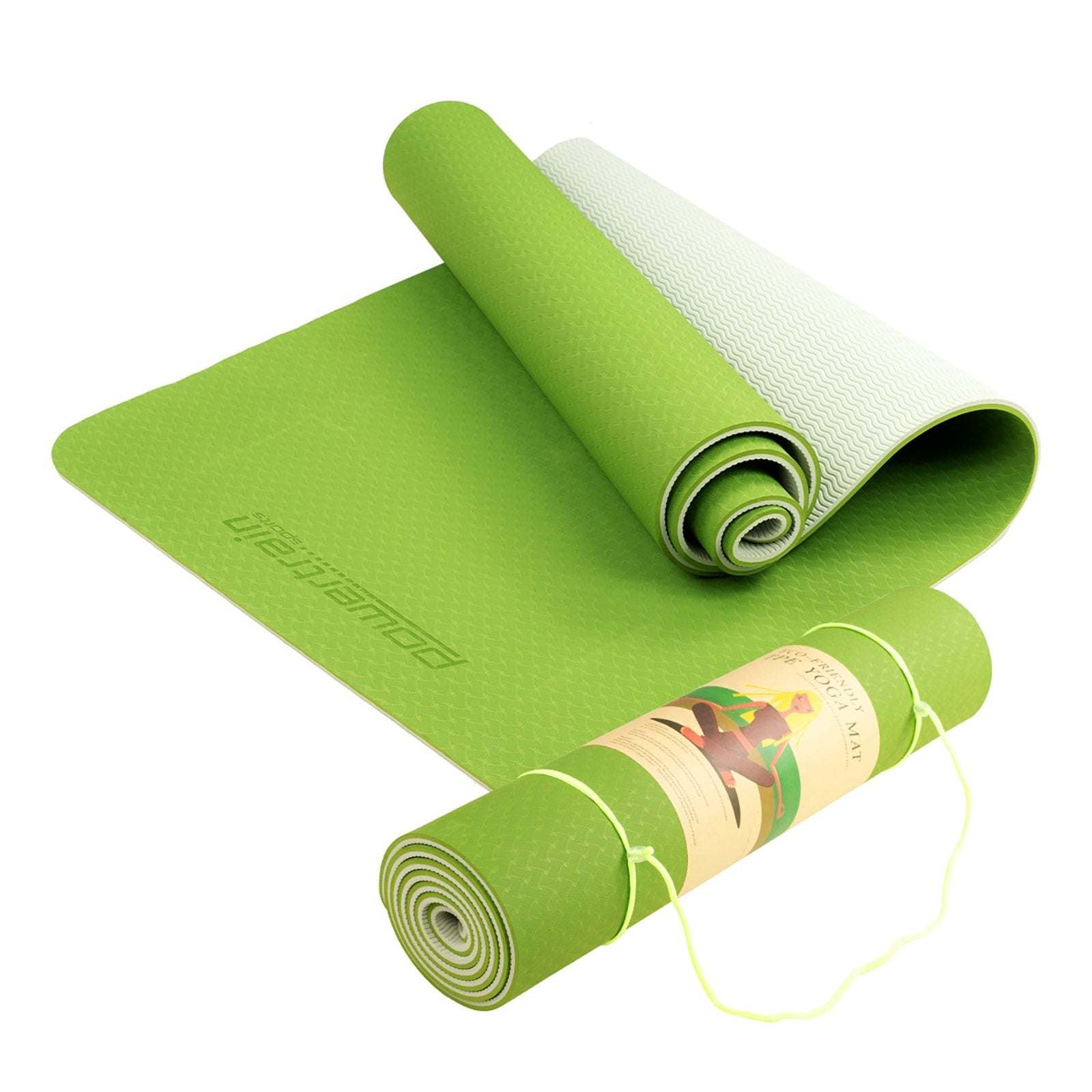 Powertrain TPE Yoga Exercise Mat in green with 8mm thickness and non-slip surface for home gym and Pilates.