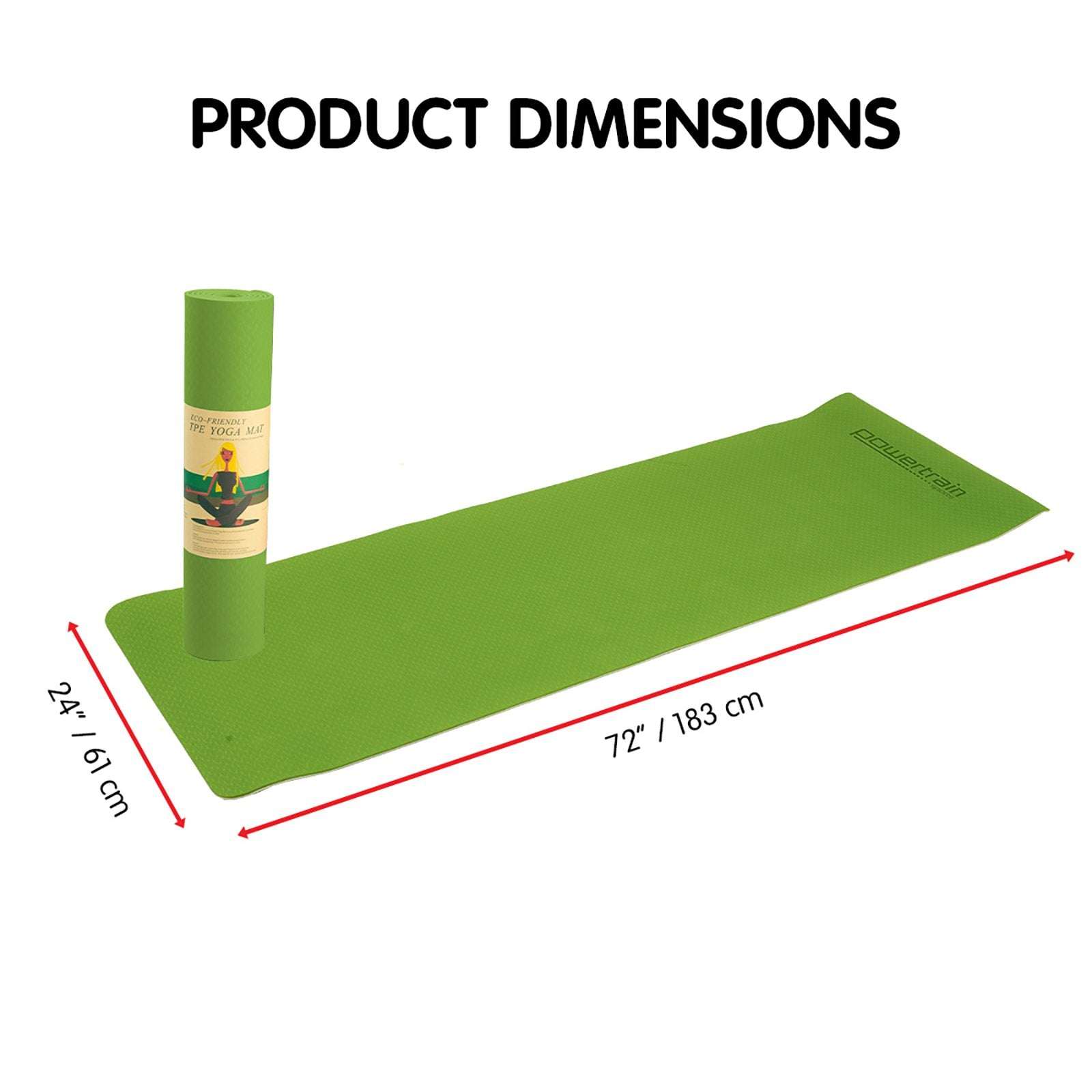 Green Powertrain TPE yoga mat 8mm thick with non-slip surface and carry strap, measuring 183cm by 61cm for home gym and Pilates use