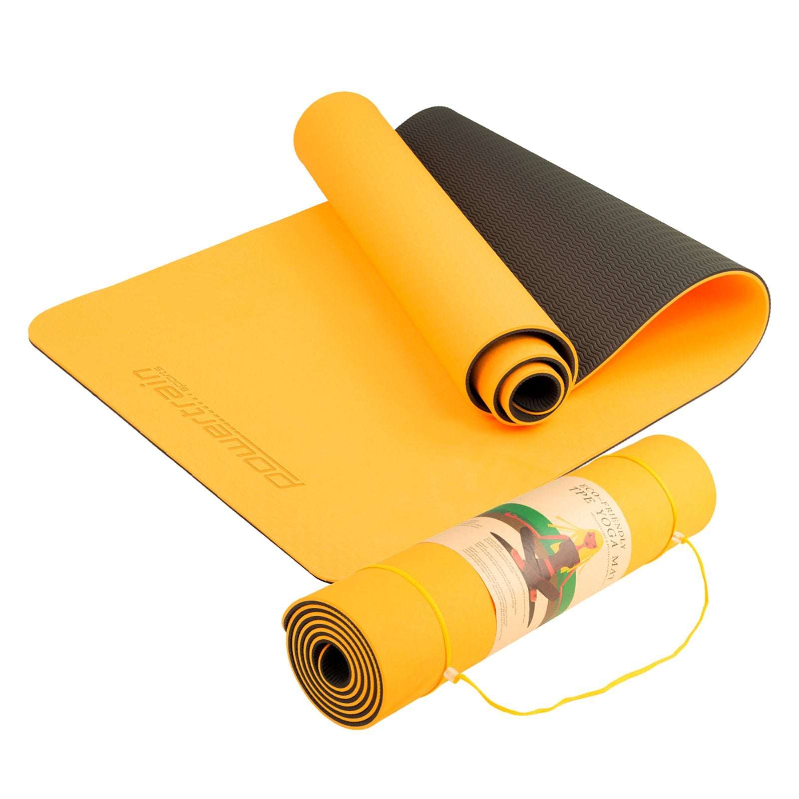 Powertrain TPE Yoga exercise mat in orange with 8mm thickness, non-slip double-layer surface, and carry strap for home gym use