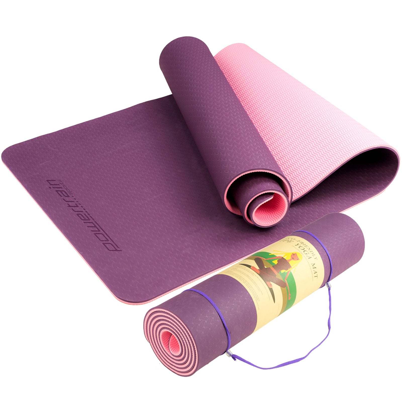 Dark purple and pink Powertrain TPE yoga mat with non-slip surface and carry strap, 8mm thick for joint cushioning and stability