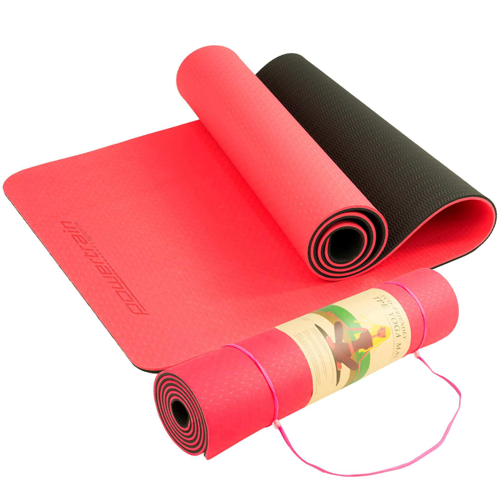 Red and black 8mm thick Powertrain TPE non-slip yoga exercise mat with carry strap for home gym and Pilates fitness