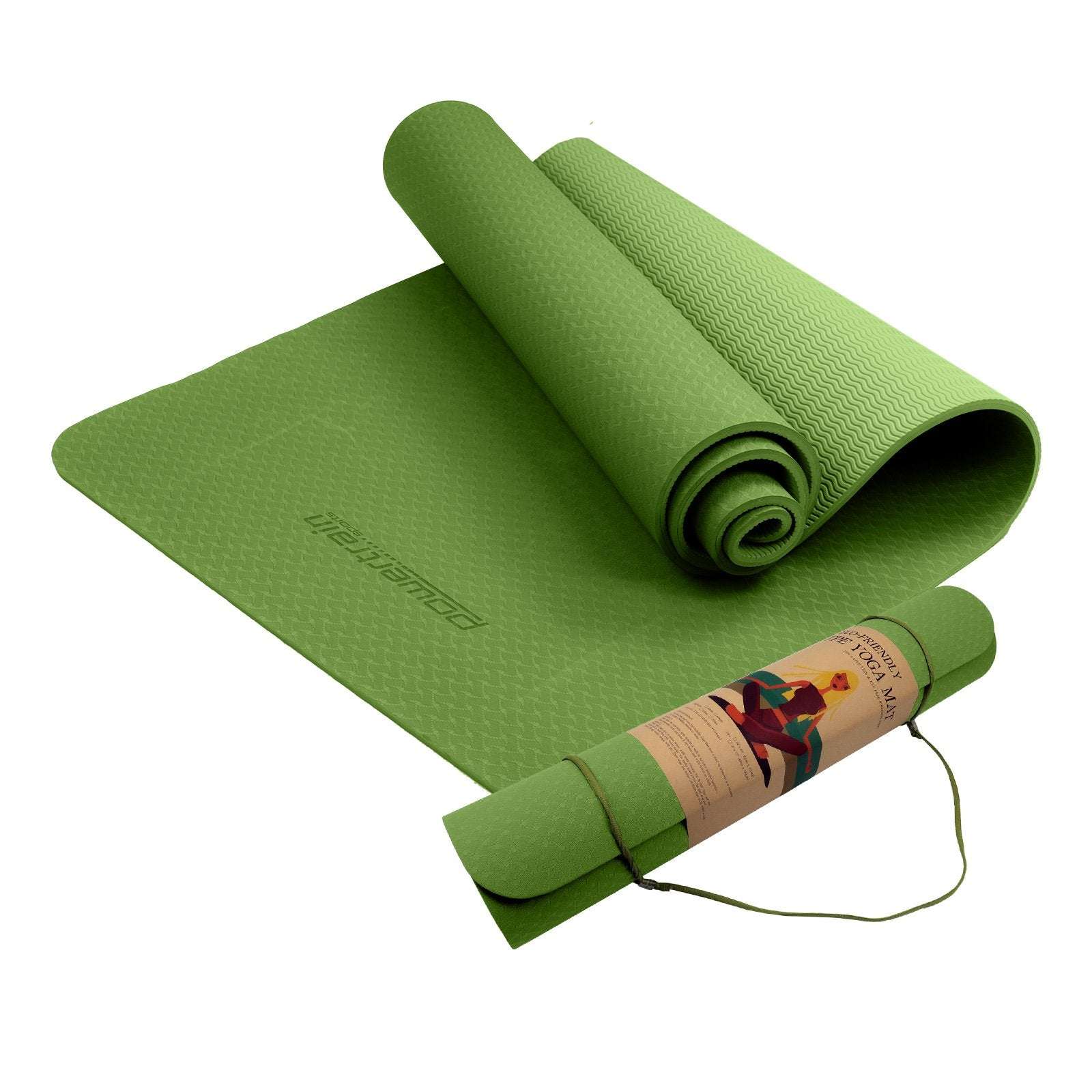 Eco-friendly Powertrain Yoga Mat in olive green with 6mm thickness, dual-layer non-slip TPE surface and carry strap