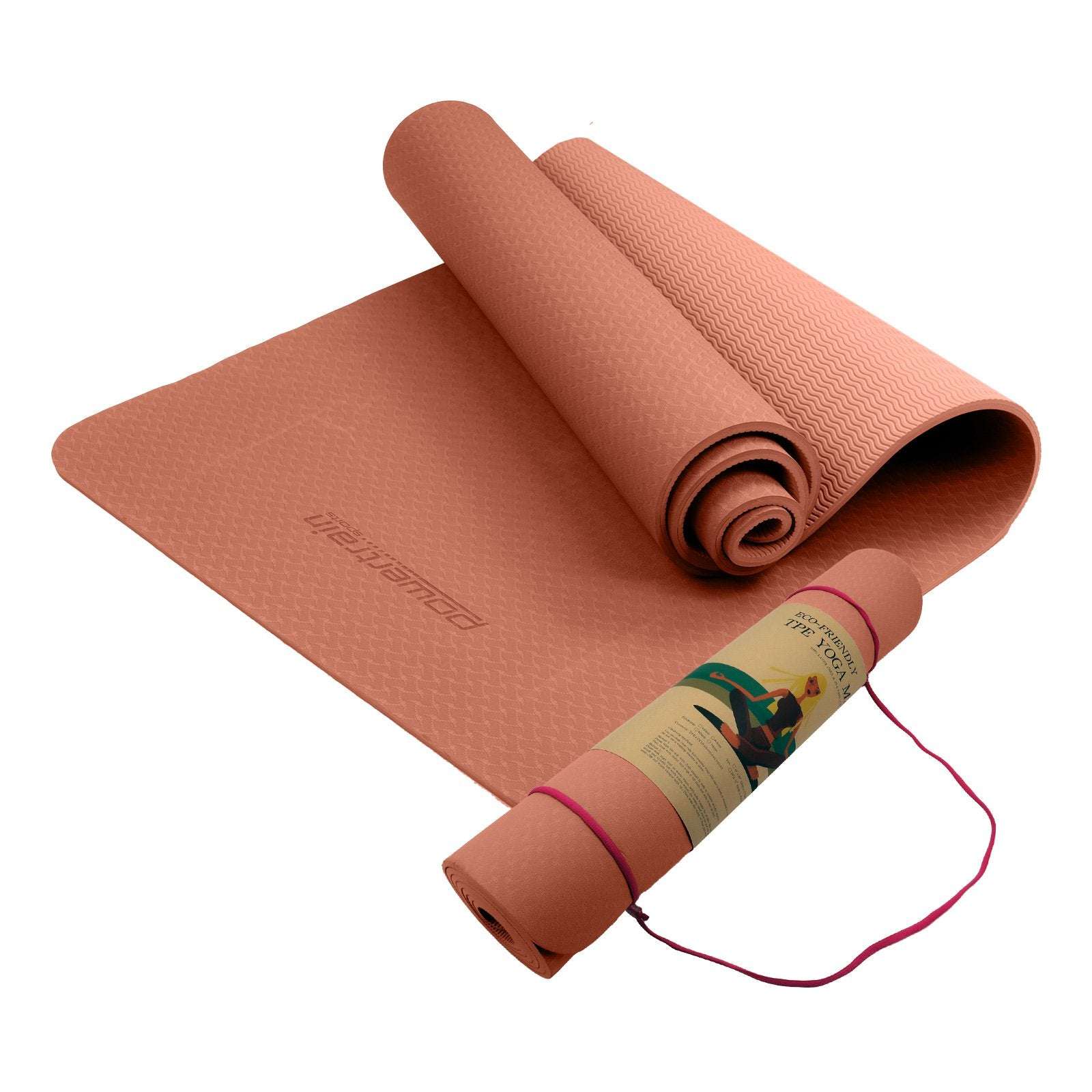 Eco-friendly dual layer 6mm peach yoga mat with non-slip surface and carry strap by Powertrain