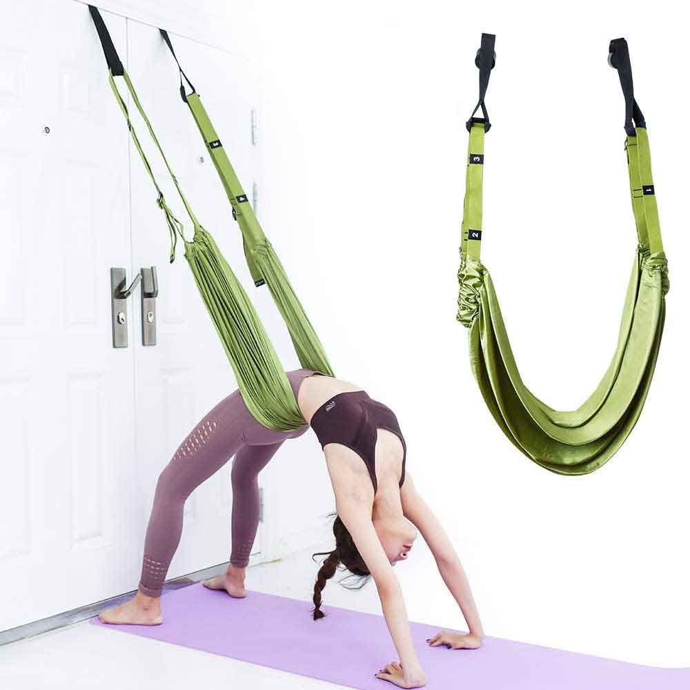 Green Fitness Yoga Strap adjustable door-mounted leg and waist trainer for flexibility and stretching exercises