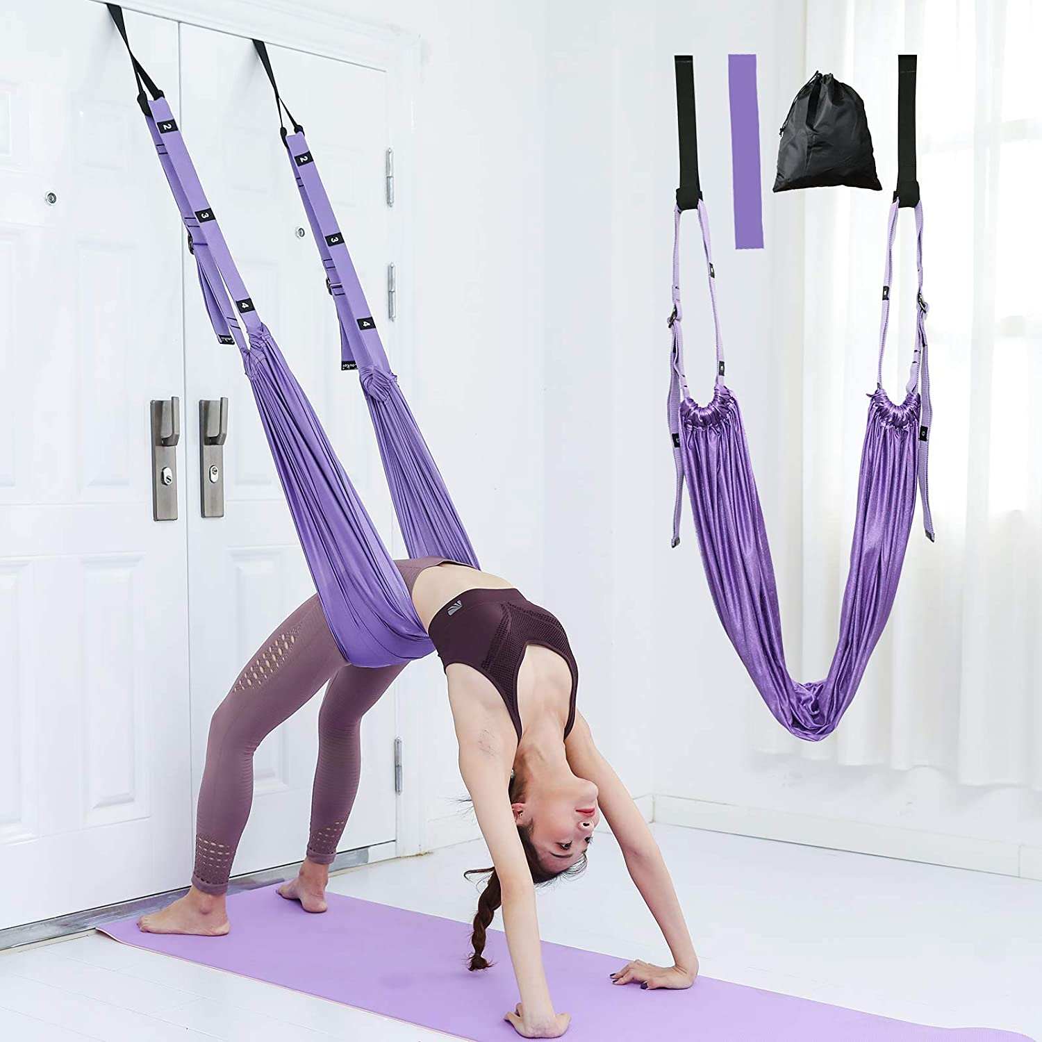 Purple fitness yoga strap with adjustable leg and waist swing for stretching and flexibility training