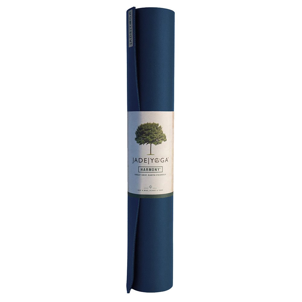 Rolled Midnight Jade Yoga Harmony Mat made from non-toxic natural rubber with firm grip and natural tree logo band.