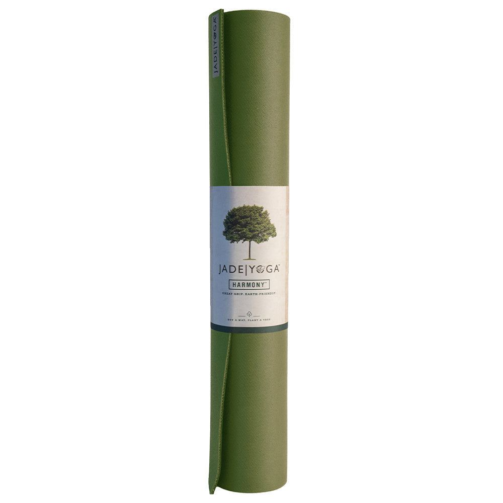 Rolled up olive green Jade Yoga XL Harmony Mat made from natural rubber with eco-friendly branding label