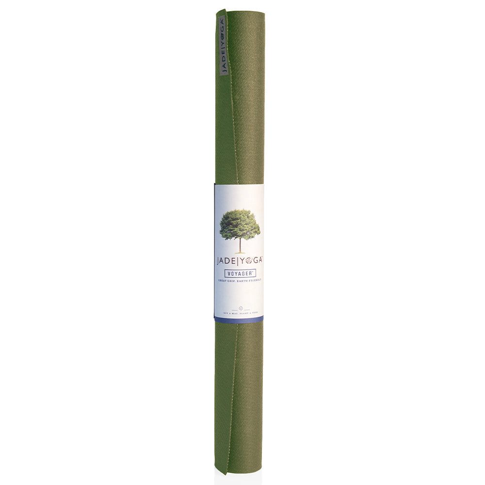 Rolled olive Jade Yoga Voyager Mat made from natural rubber, lightweight and portable for travel use.