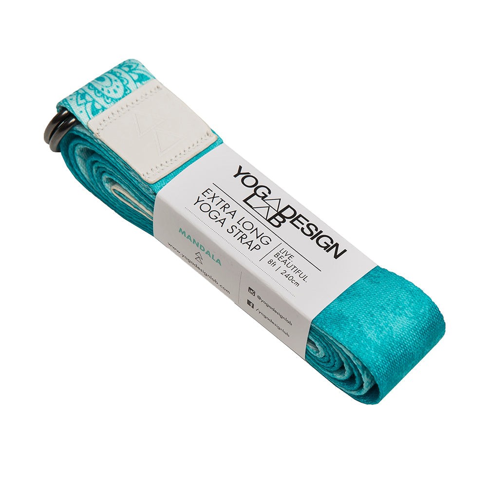 Turquoise Yoga Design Lab extra-long mandala yoga strap for stretching and balance practice