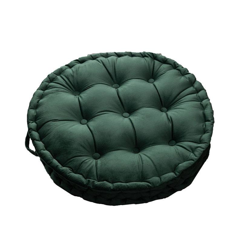 Luxury round pouf tatami cushion with handle in dark green, soft polyester cover and PP cotton fill, 60cm diameter, machine washable seat cushion for meditation or floor seating.