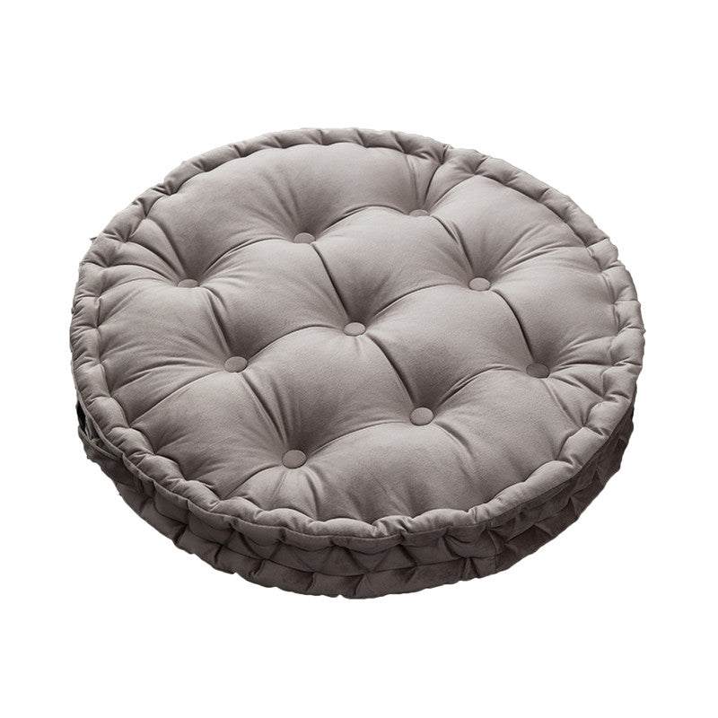Luxury round pouf tatami cushion in gray with button tufting and handle for meditation and floor seating