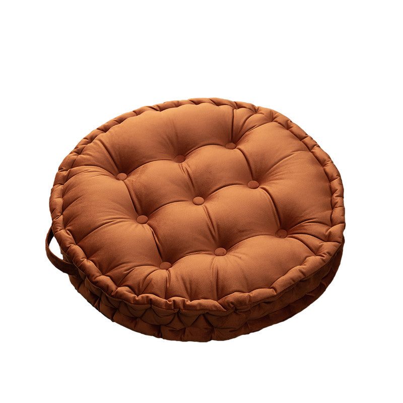 Luxury round pouf tatami cushion floor mat with handle, contoured polyester seat filled with PP cotton, 60cm diameter, machine washable.