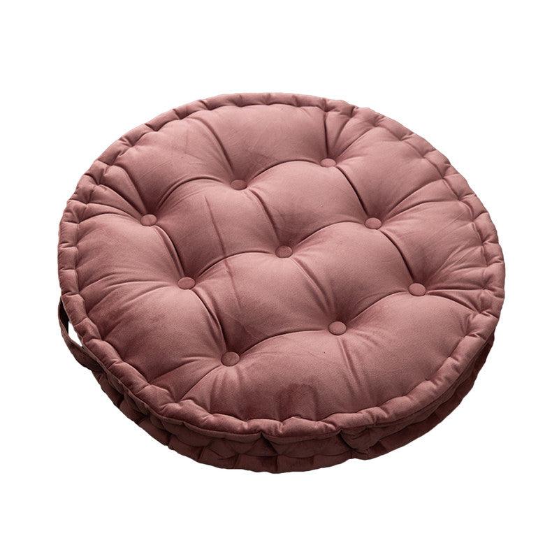 Luxury round pouf tatami cushion in dusty pink with handle, tufted polyester cover, filled with PP cotton, 60x60 cm, machine washable seat cushion for meditation and floor use.