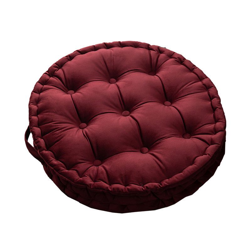 Luxury round pouf tatami cushion in burgundy with handle, contoured polyester cover and PP cotton filling, 60x60cm, machine washable seat cushion.