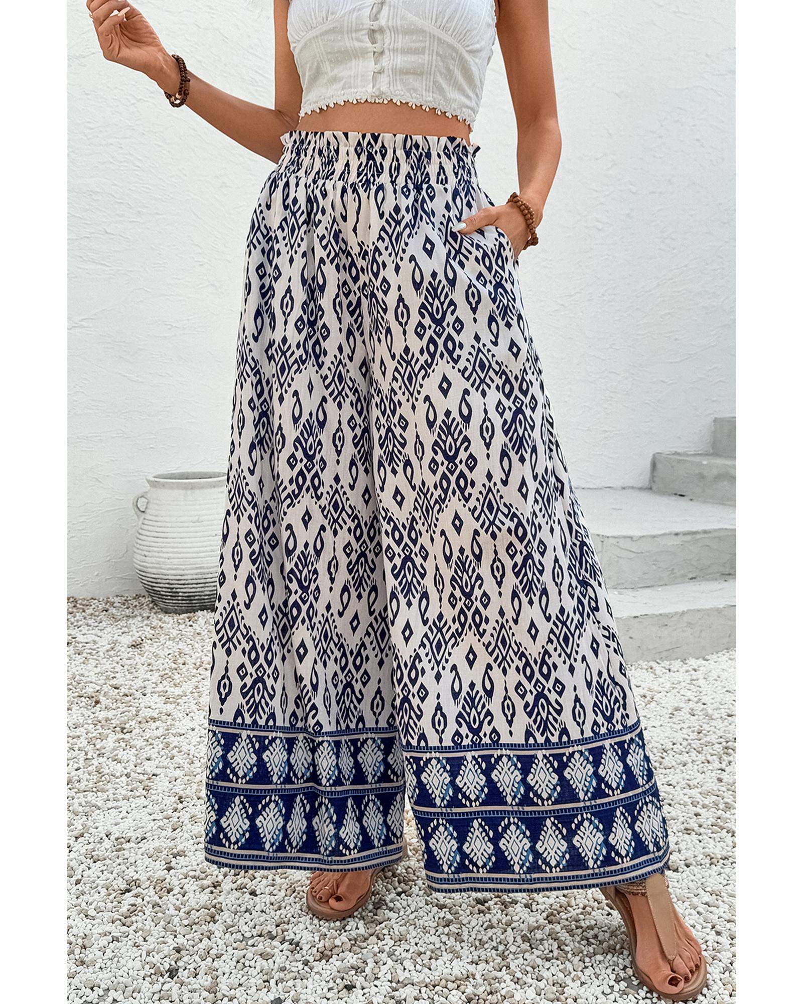 Blue boho pattern print high waist wide leg loose pants with relaxed fit