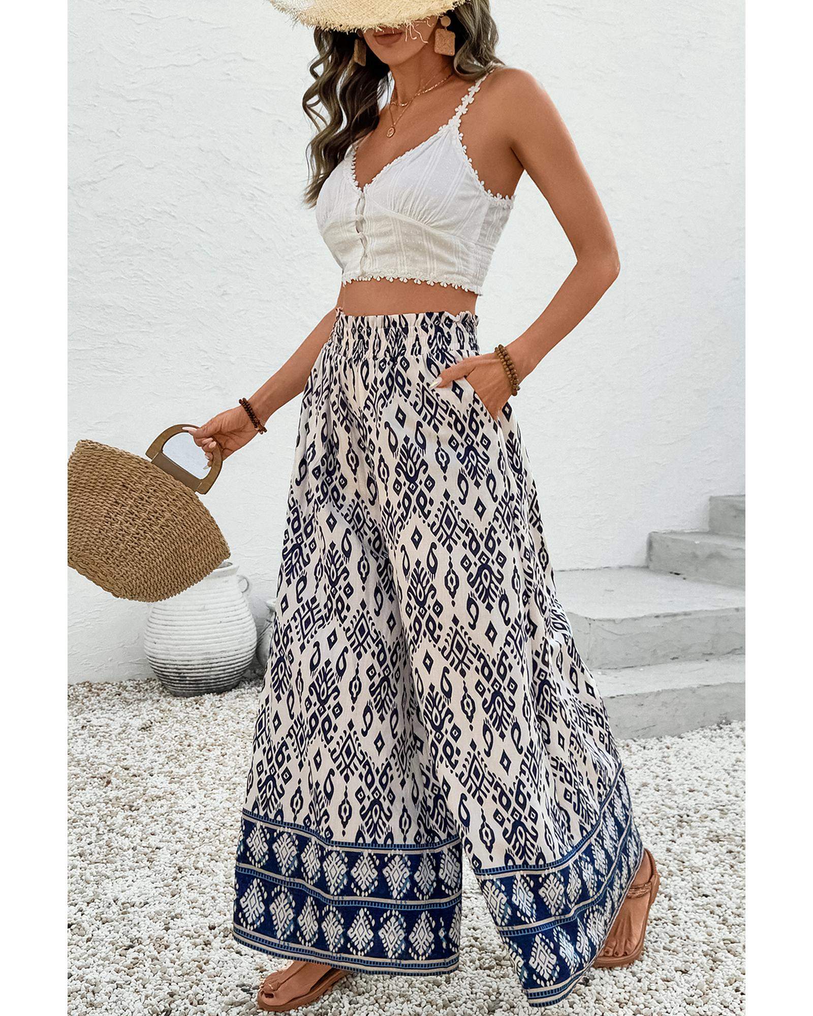 Blue Boho Pattern Print High Waist Wide Leg Loose Pants - M