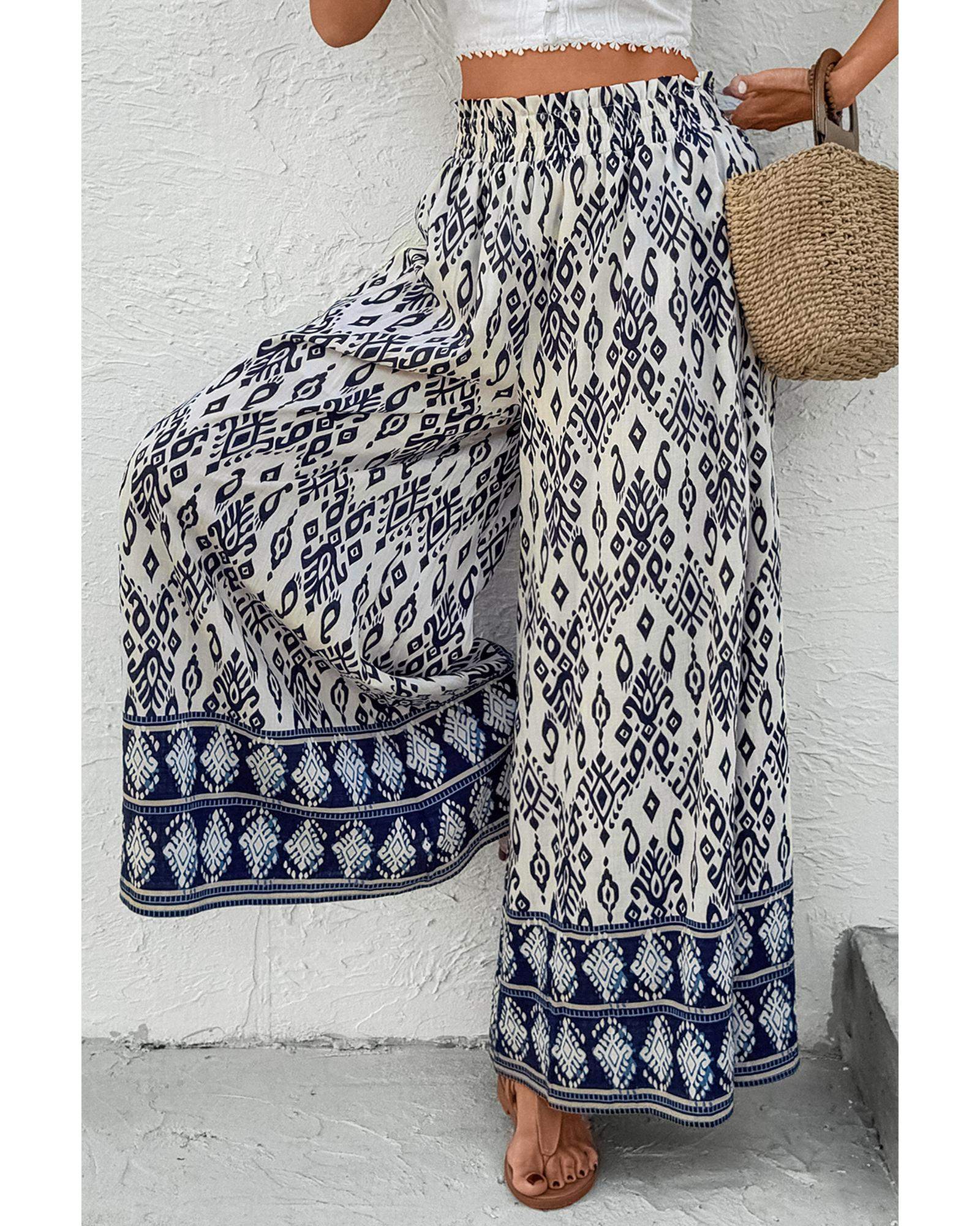 Blue Boho Pattern Print High Waist Wide Leg Loose Pants - M