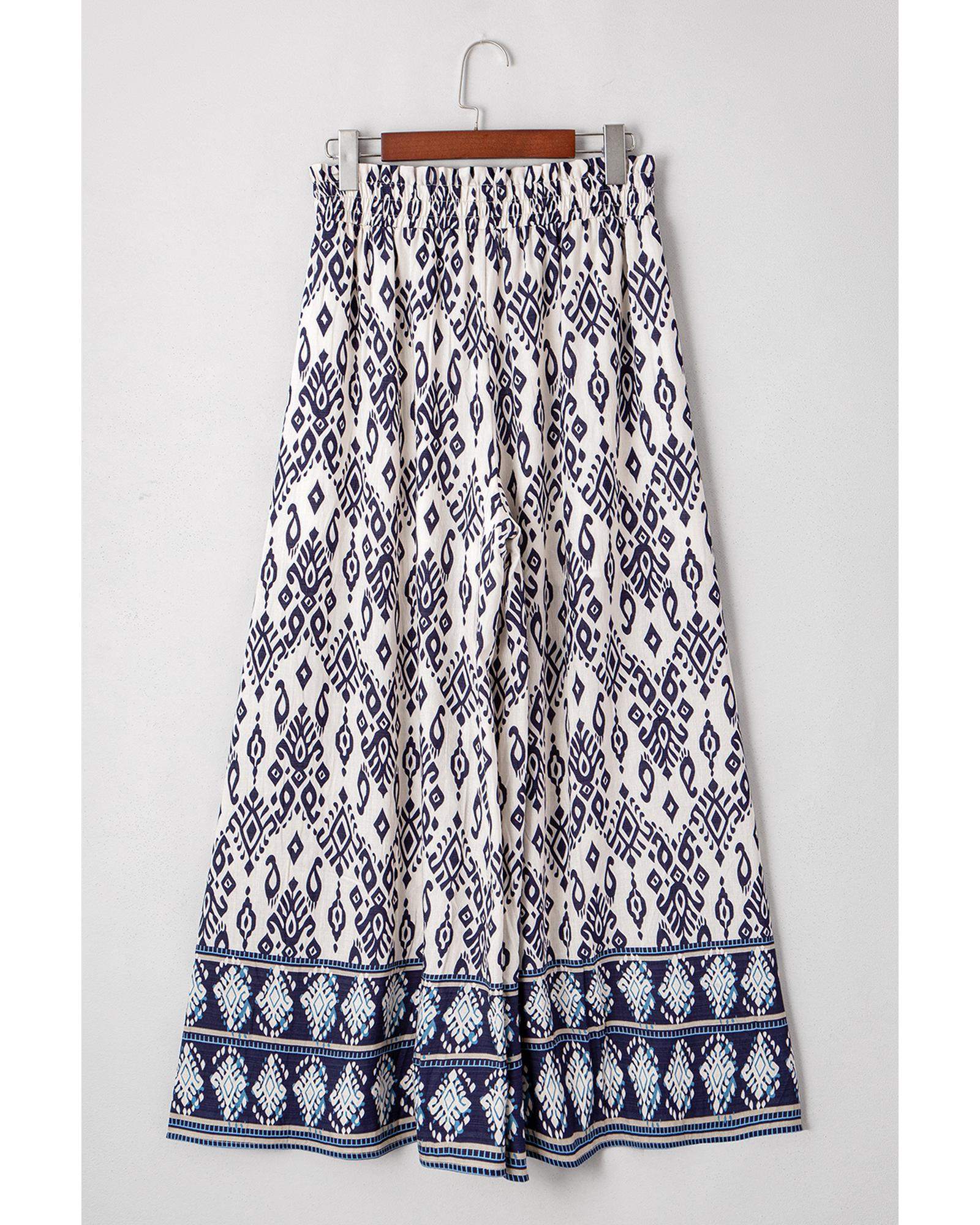 Blue Boho Pattern Print High Waist Wide Leg Loose Pants - M
