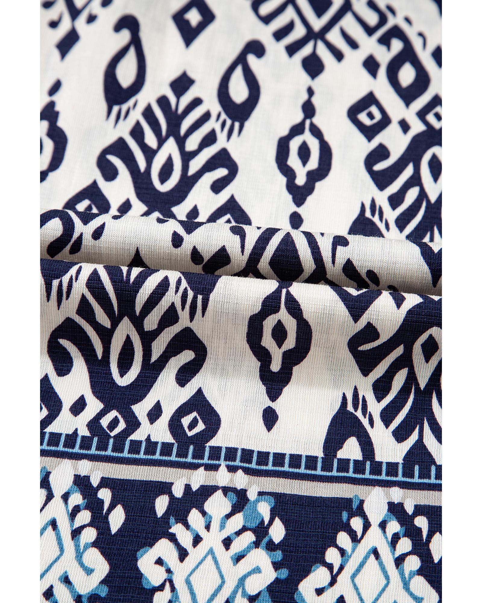 Blue Boho Pattern Print High Waist Wide Leg Loose Pants - M