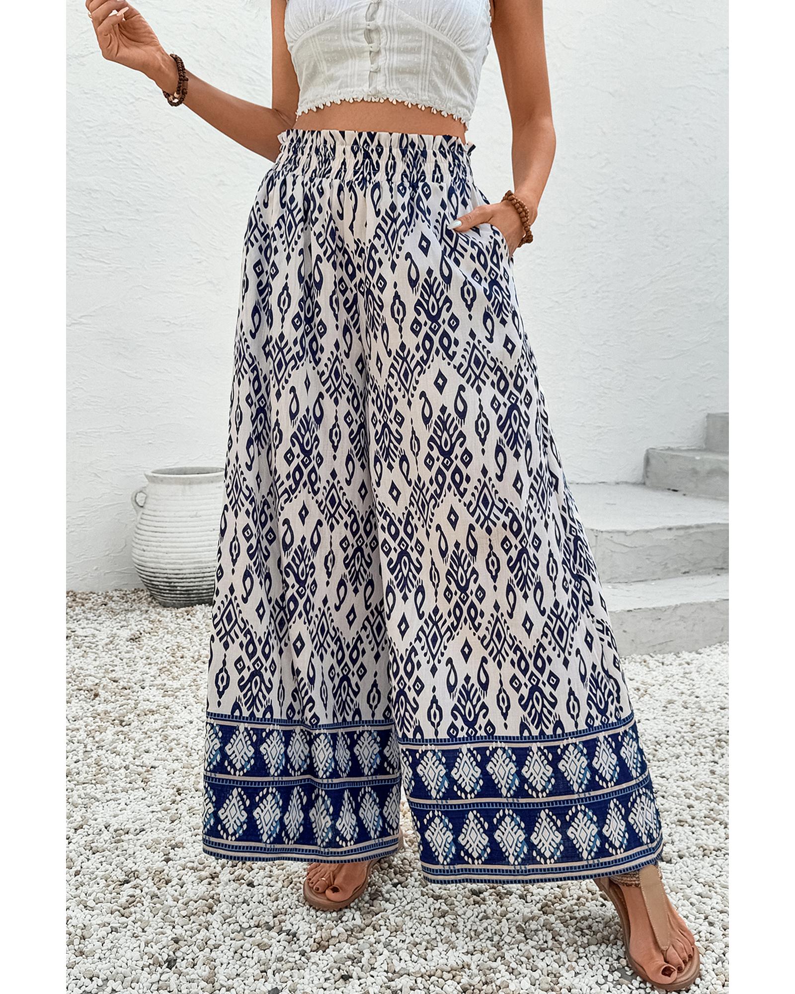 Blue boho pattern print high waist wide leg loose pants in size small with relaxed fit and bohemian design