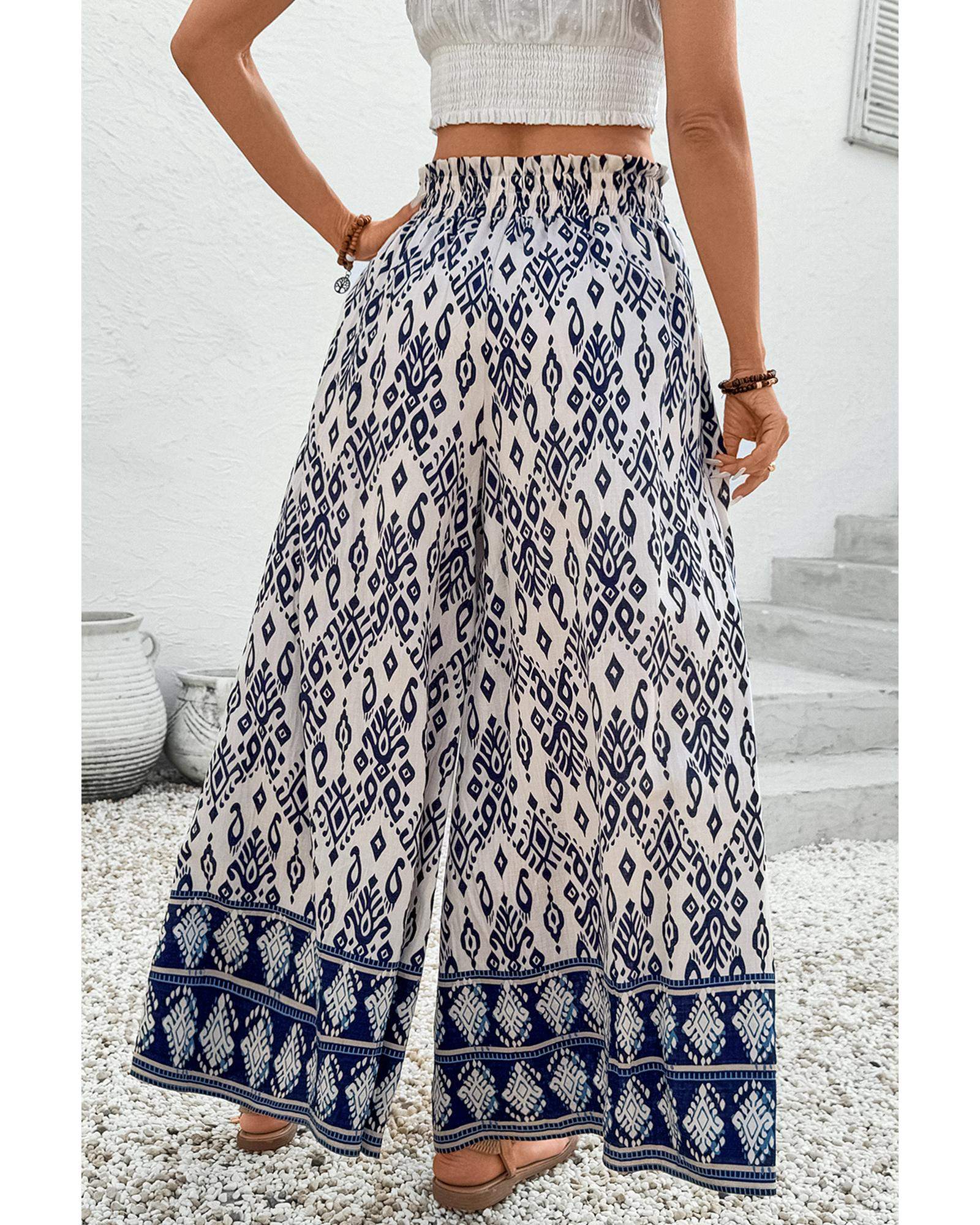 Blue Boho Pattern Print High Waist Wide Leg Loose Pants - S