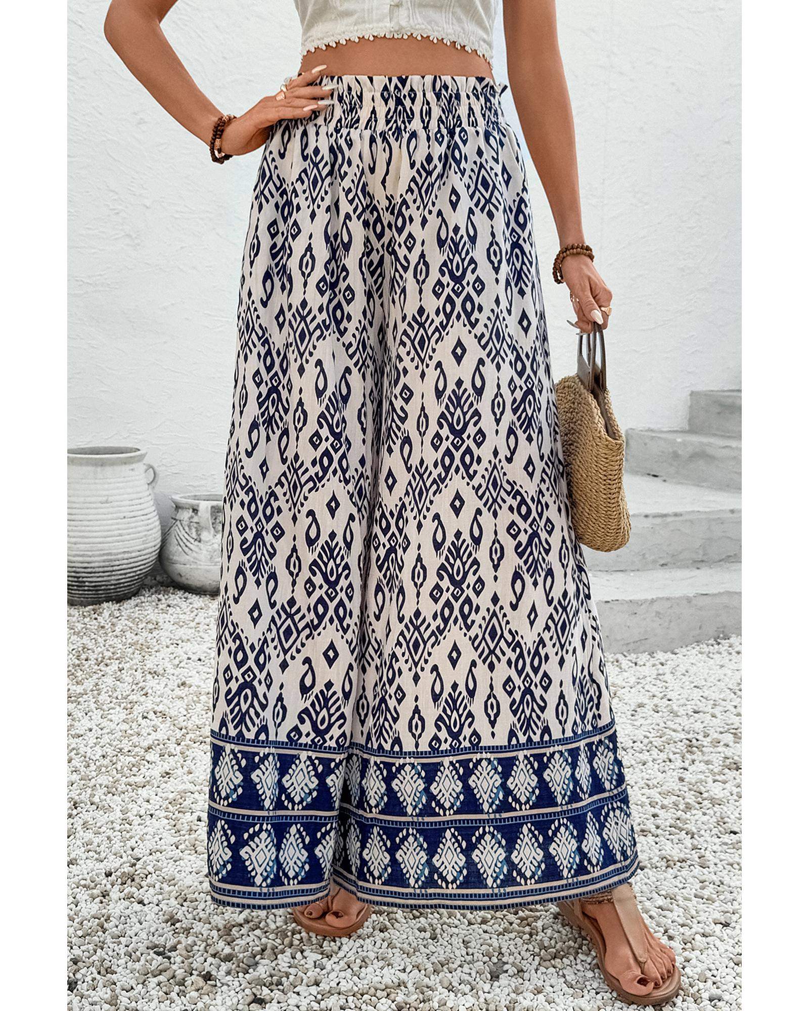 Blue Boho Pattern Print High Waist Wide Leg Loose Pants - XL